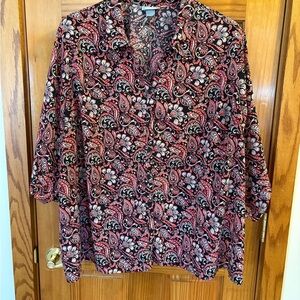 Catherines Black & Coral Paisley Button-Up Blouse